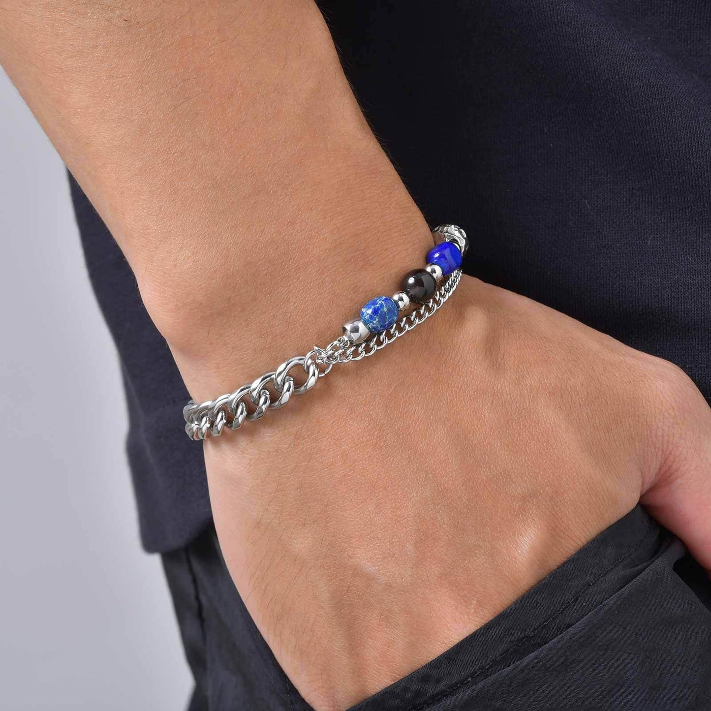 Kemston Stone Bead Bracelet for Men Stainless Steel Layered Design BR-2935