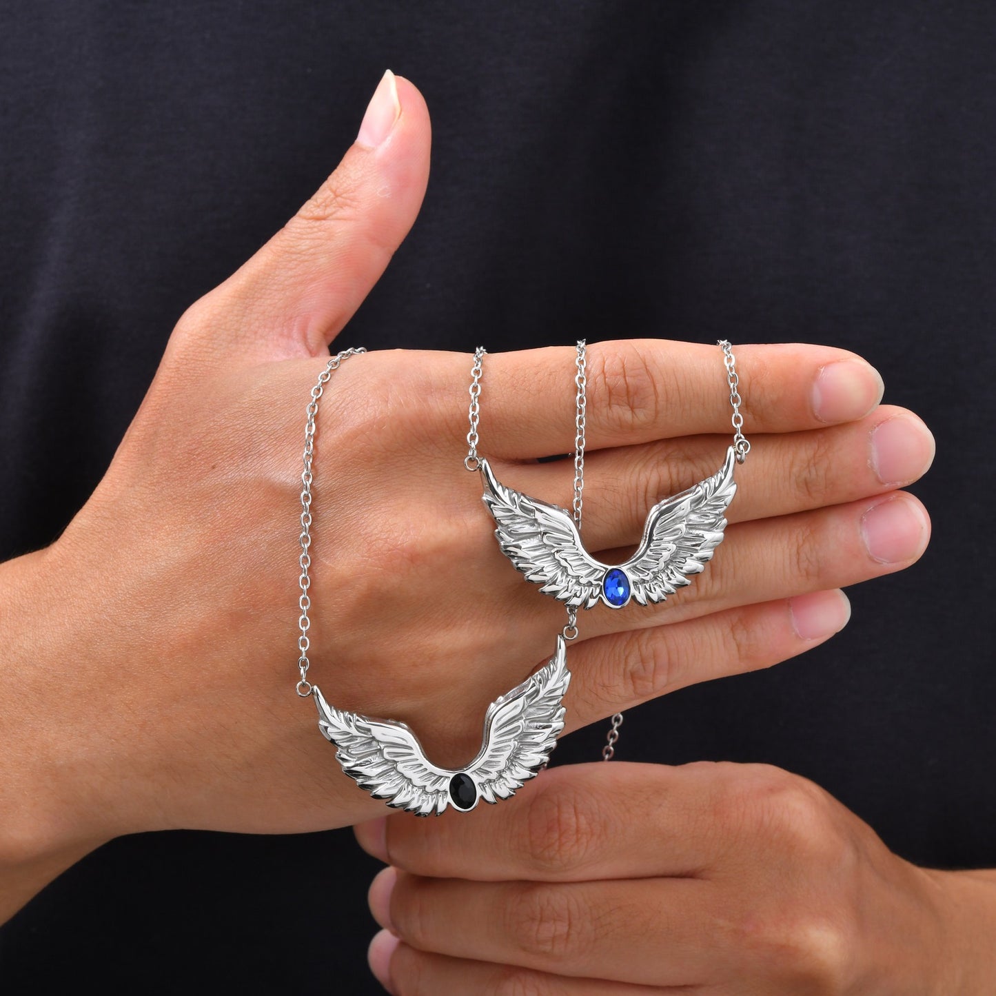 Kemston Stainless Steel Feather Wing Necklace for Men Cubic Zirconia Inlay NC-2878