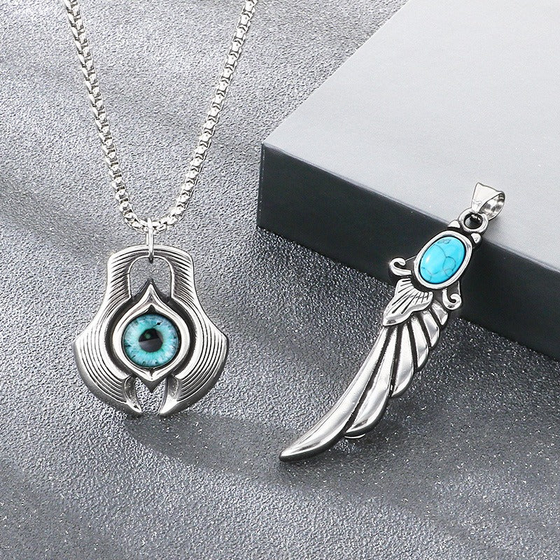Kemstone Turquoise Pendant Necklace Titanium Steel Feather Eye Symbol Design for Men KP117748-LU