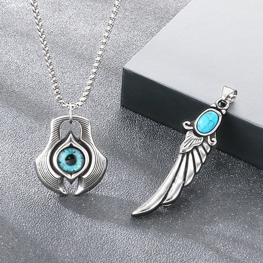 Kemstone Turquoise Pendant Necklace Titanium Steel Feather Eye Symbol Design for Men KP117748-LU