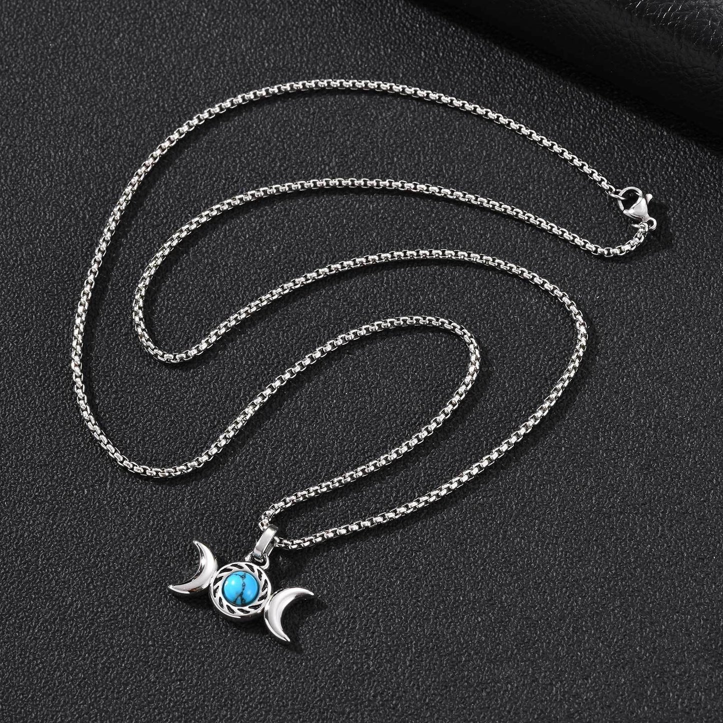Kemston Stainless Steel Moon Pendant Necklace for Men Double Crescent Blue Stone Detail PN-2360