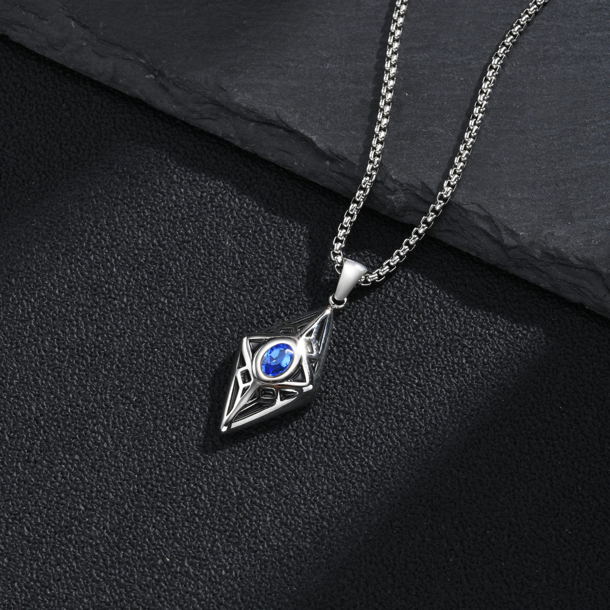 Kemstone Blue Cubic Zirconia Geometric Pendant Necklace for Men Stainless Steel PN-2454