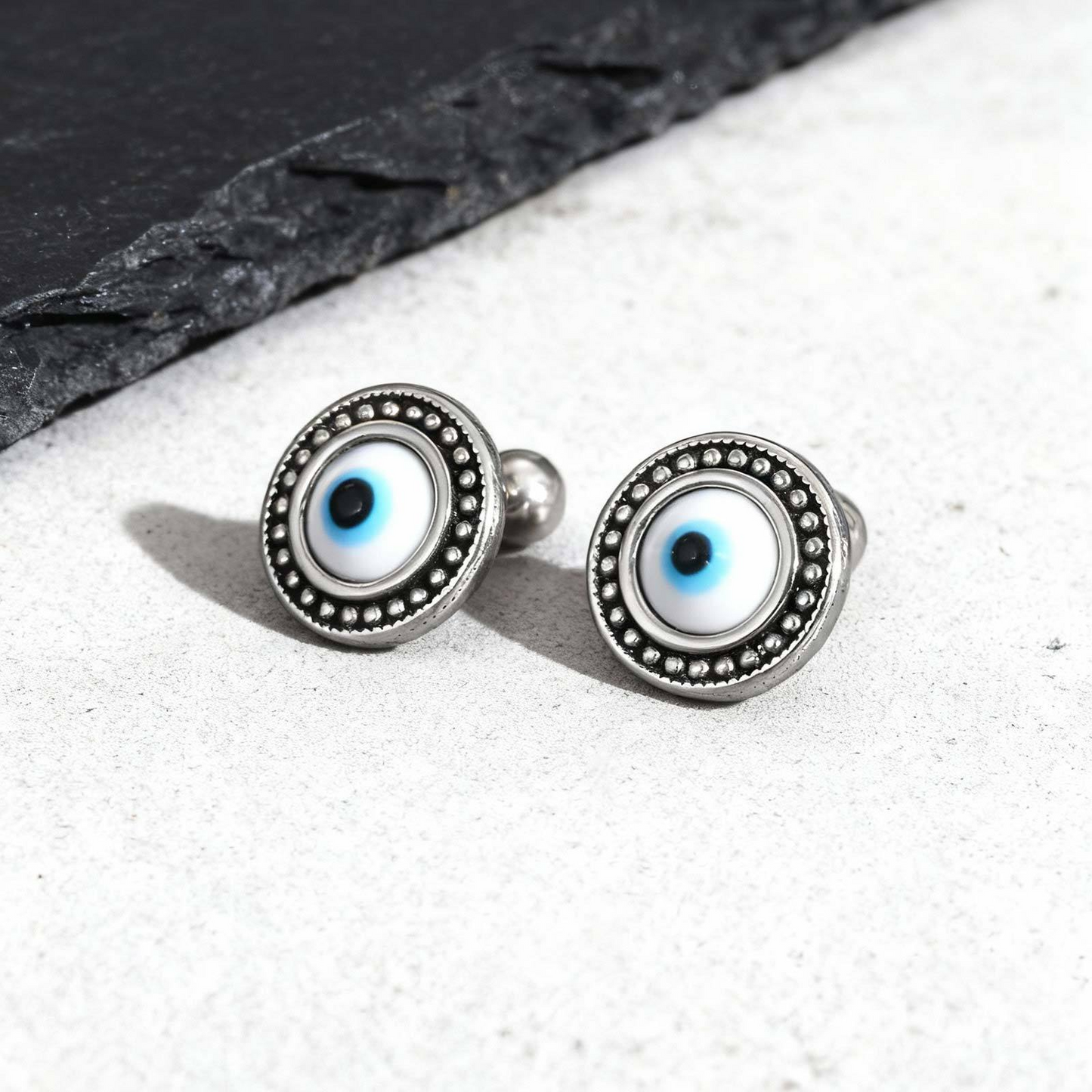 Kemstone Stainless Steel Blue Resin Eye Stud Earrings for Men – Boho Silver ES-766