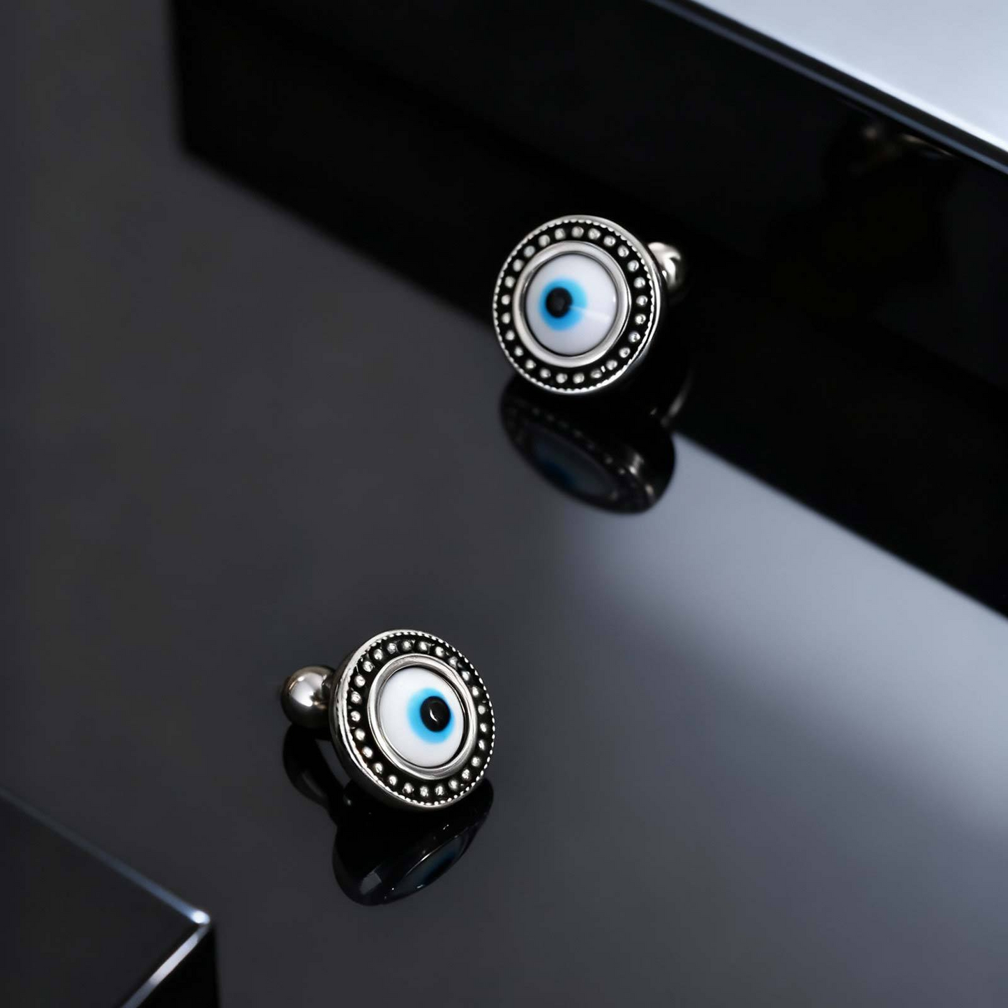 Kemstone Stainless Steel Blue Resin Eye Stud Earrings for Men – Boho Silver ES-766