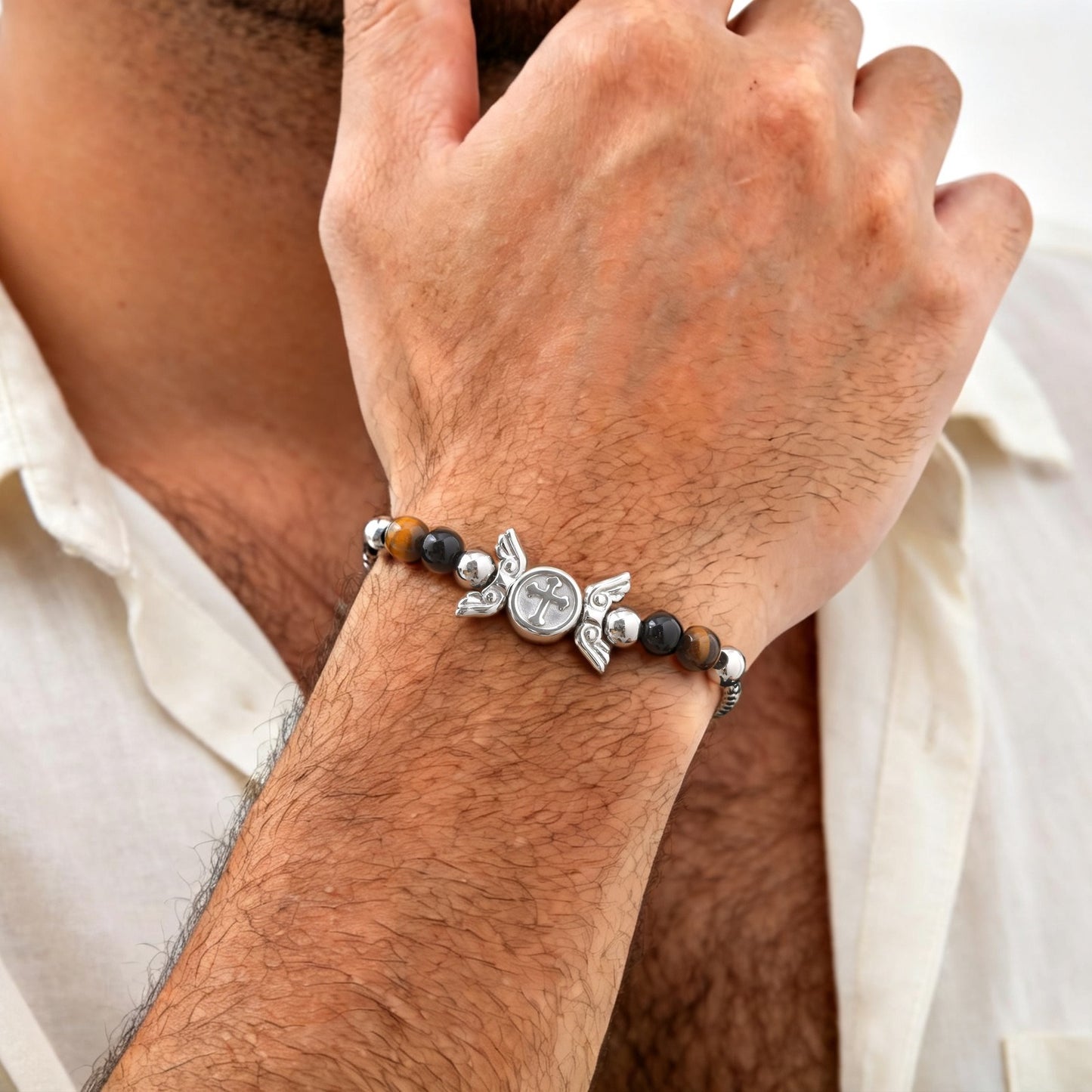 Kemstone Winged Emblem Tiger Eye Bracelet for Men Stainless Steel BR-3042