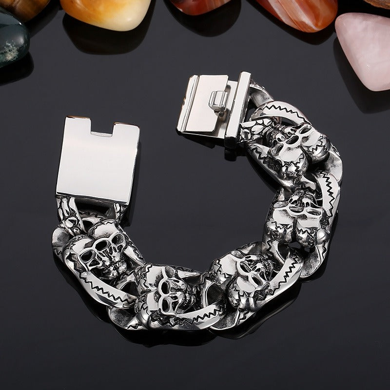 Kemstone Double Skull Titanium Steel Bracelet for Men – Heavy Vintage Chain KB29978