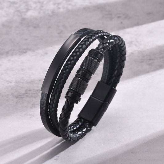 Kemstone Men’s Black Leather Bracelet – Braided Band with Titanium Steel Detail BL-703