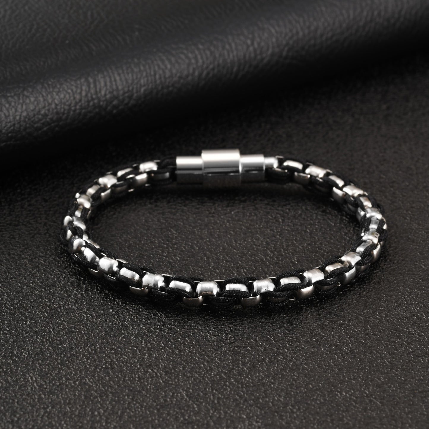 Kemstone Stainless Steel Braided Bracelet for Men Black Woven Chain Silver BR-3100
