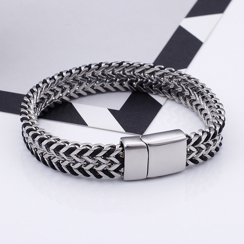Kemstone Titanium Steel Double Weave Braided Bracelet – Magnetic Clasp Chain for Men KB99444-BD