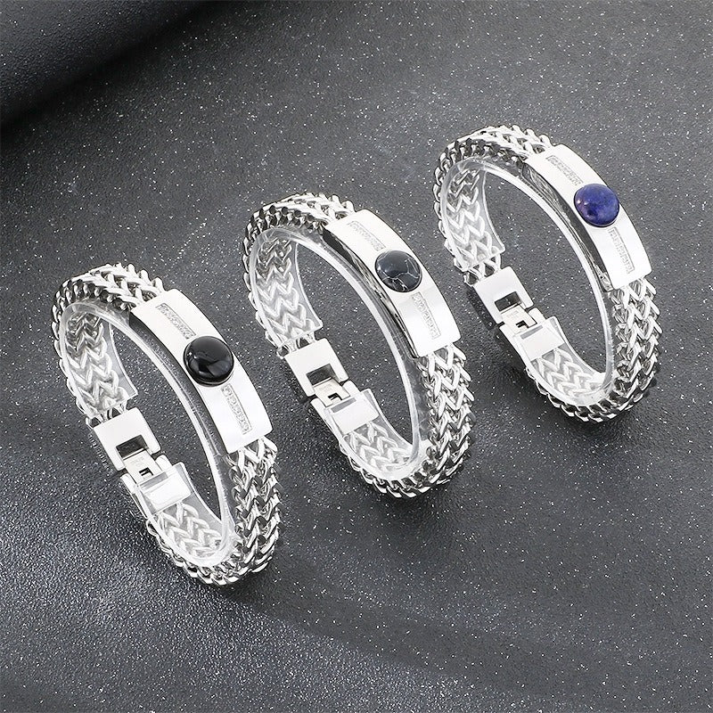 Kemstone Titanium Steel ID Bar Bracelet for Men Stone Inlay Braided Chain KB212795-KFC