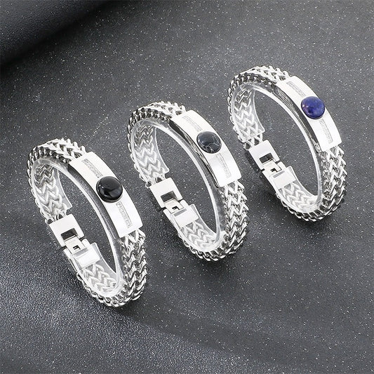 Kemstone Titanium Steel ID Bar Bracelet for Men Stone Inlay Braided Chain KB212795-KFC