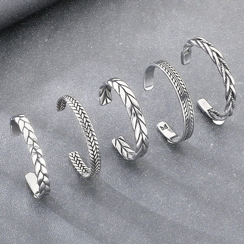 Kemstone Titanium Steel Leaf Braided Cuff Bracelet Vintage Open Style for Men KB209293-LU