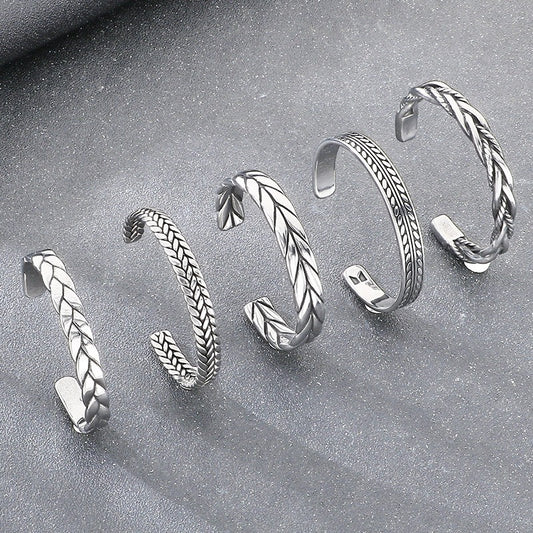 Kemstone Titanium Steel Leaf Braided Cuff Bracelet Vintage Open Style for Men KB209293-LU