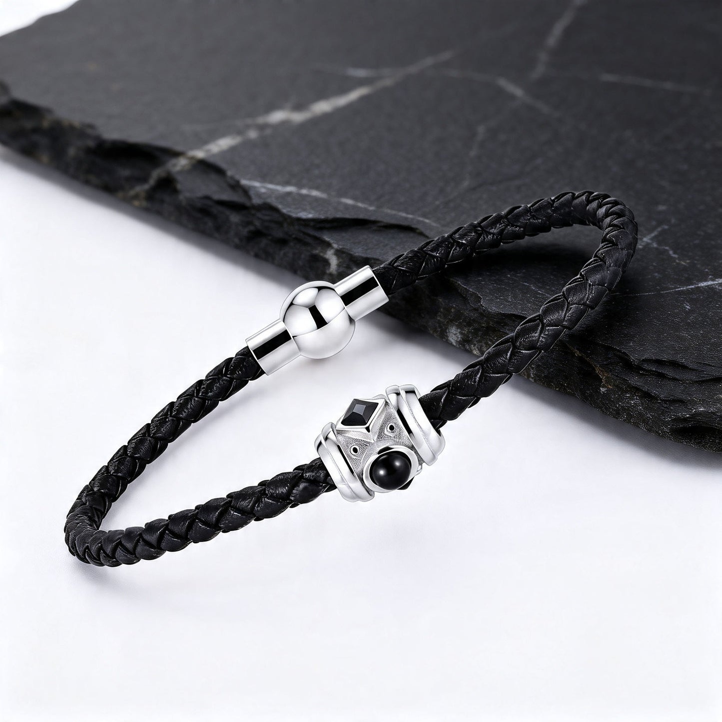 Kemstone Black Leather Bracelet for Men Stainless Steel Zirconia Agate Detail BL-812