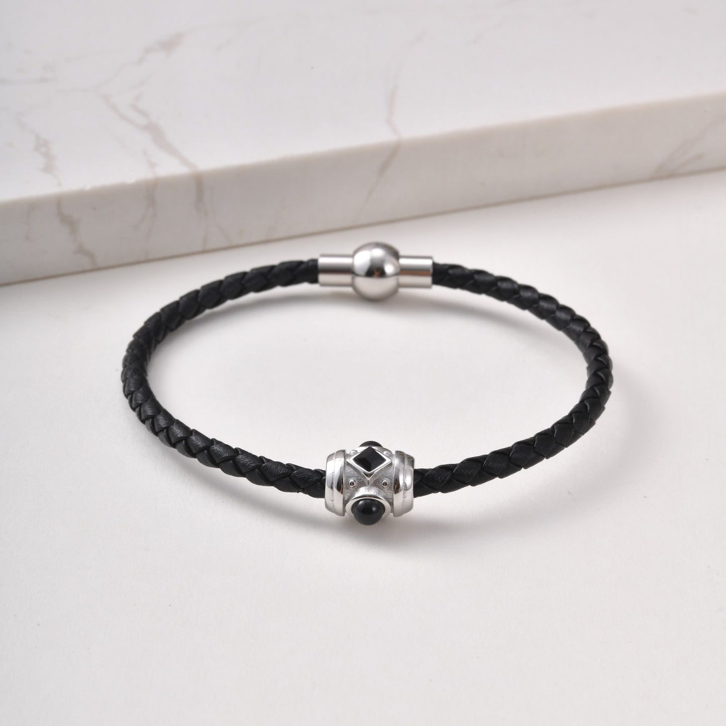 Kemstone Black Leather Bracelet for Men Stainless Steel Zirconia Agate Detail BL-812