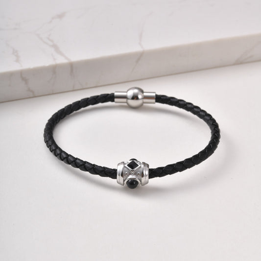 Kemstone Black Leather Bracelet for Men Stainless Steel Zirconia Agate Detail BL-812