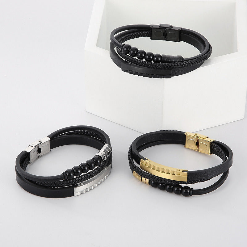 Kemstone Multi-Layer Braided Leather Bracelet for Men Beaded Titanium Steel KB147788-KLHQ