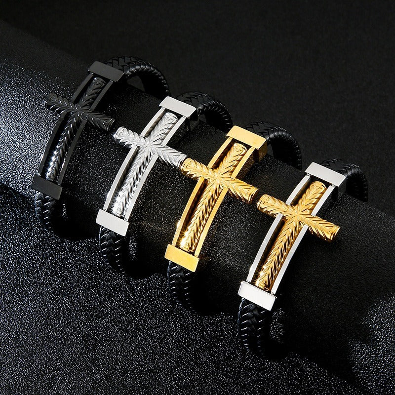 Kemstone Cross Leather Bracelet for Men Titanium Steel Braided Black Cord Design KB130233-KFC