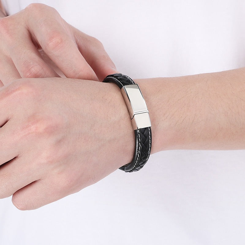 Kemstone Braided Leather Bracelet Secure Clasp Stainless Steel Flat Wristband for Men KB51333-D