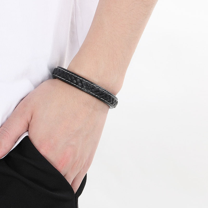 Kemstone Braided Leather Bracelet Secure Clasp Stainless Steel Flat Wristband for Men KB51333-D