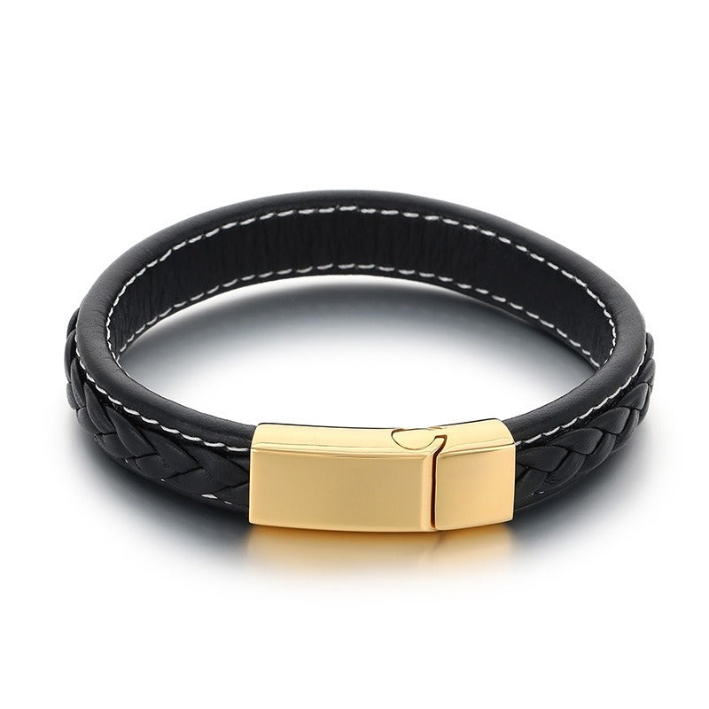 Kemstone Braided Leather Bracelet Secure Clasp Stainless Steel Flat Wristband for Men KB51333-D