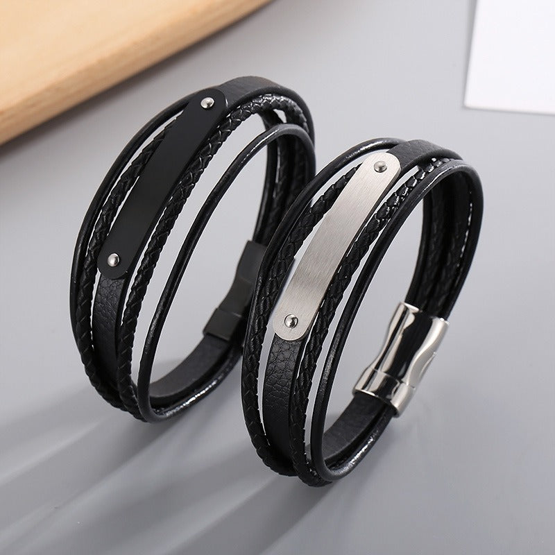 Kemstone Men’s Leather Bracelet – Titanium Steel Multi-Layer Braided Wristband B140193