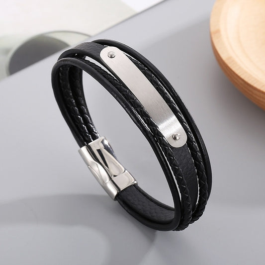 Kemstone Men’s Leather Bracelet – Titanium Steel Multi-Layer Braided Wristband B140193