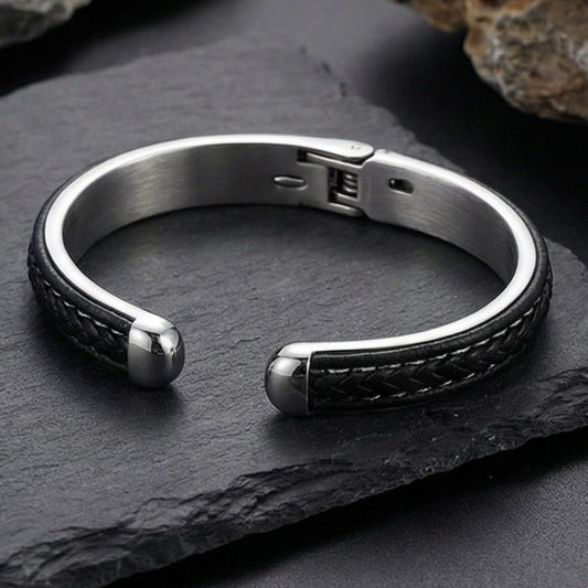 Kemstone Stainless Steel Braided Leather Open Cuff Bracelet for Men Minimalist Casual Wrist Bangle KB97554-BD