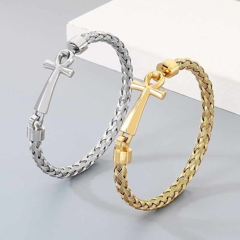 Kemstone Titanium Steel Braided Cuff Bracelet for Men Ankh Cross Clasp Gold Silver KB212793-KFC