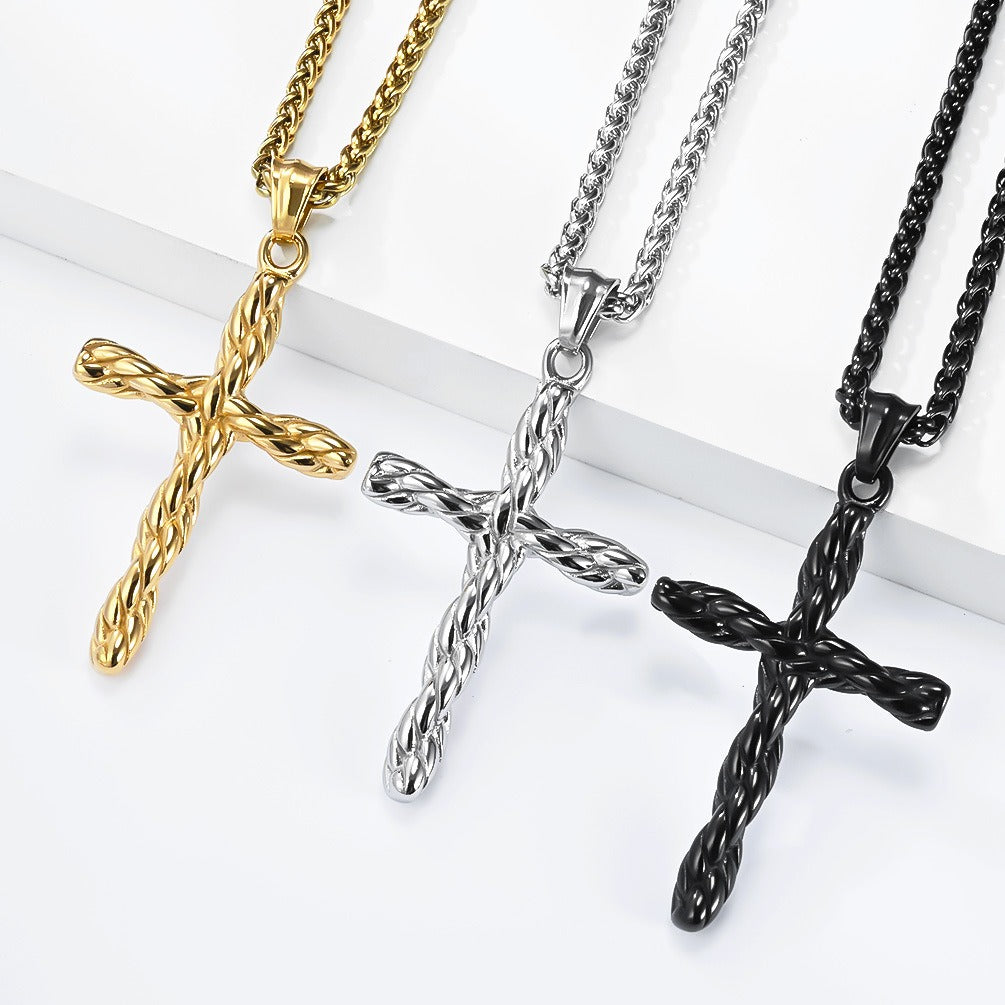 Kemstone Twisted Cross Pendant Titanium Steel Braided Texture for Men Silver Gold Black K-PT707
