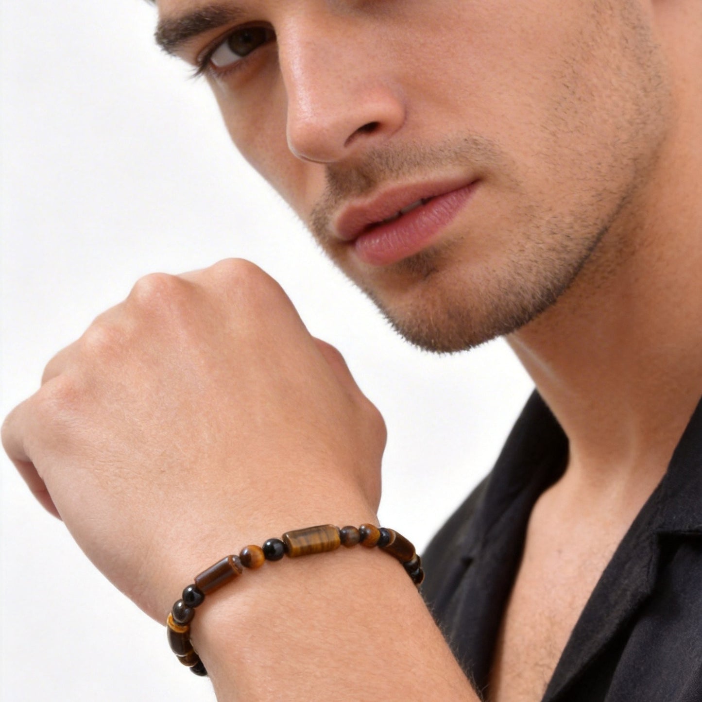 Kemstone Tiger Eye Beaded Bracelet for Men – Natural Stone Black Onyx Adjustable Chain BR-2924