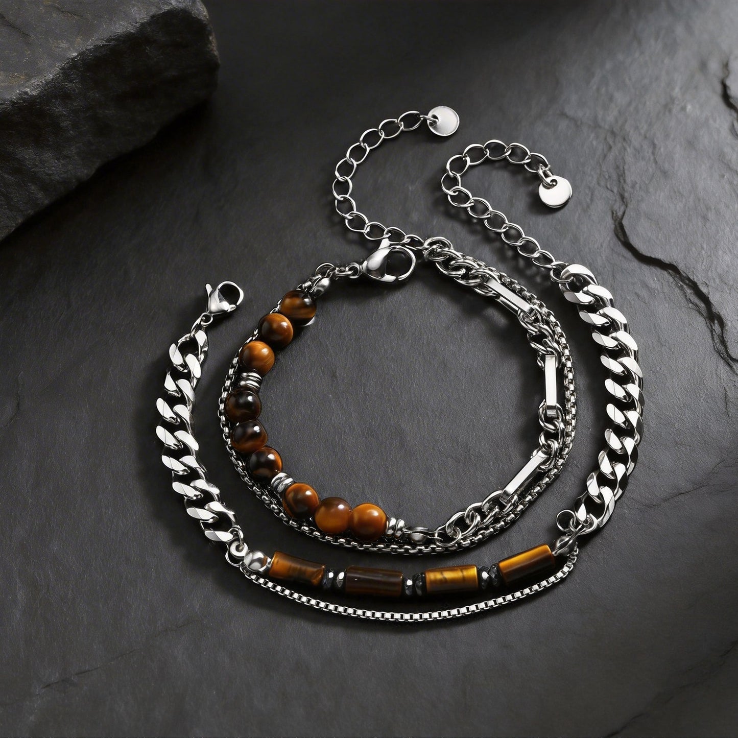 Kemstone Tiger Eye Beaded Bracelet for Men Stainless Steel Layered Chain BR-2922