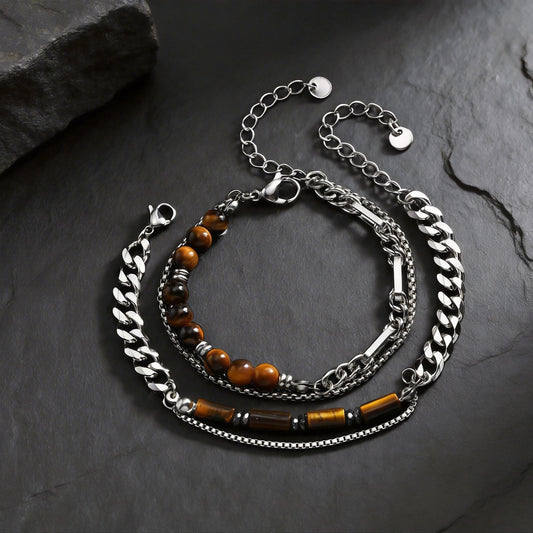 Kemstone Tiger Eye Beaded Bracelet for Men Stainless Steel Layered Chain BR-2922