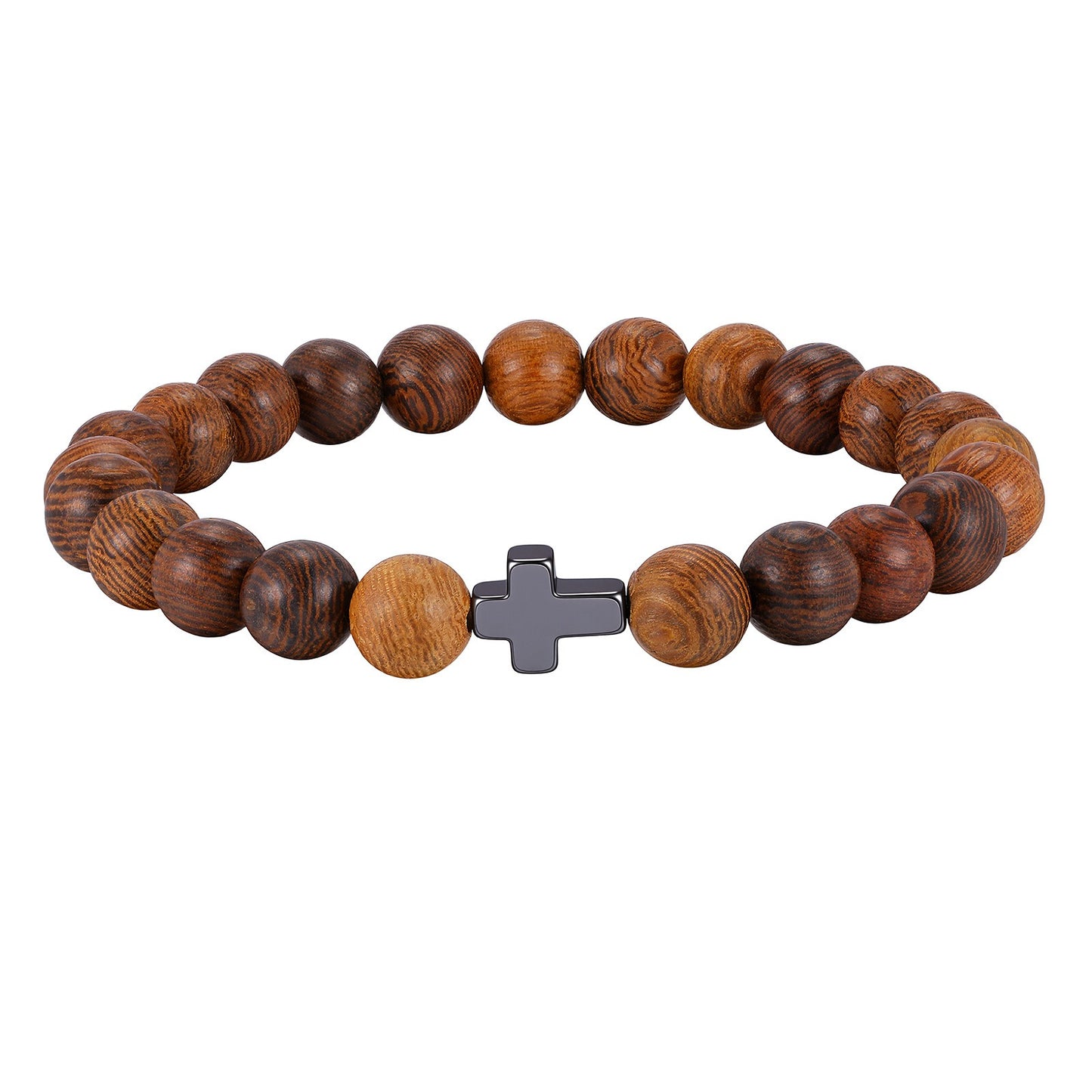 Kemston Wenge Wood Bead Cross Bracelet for Men & Women Black Stone Accent BR-3030