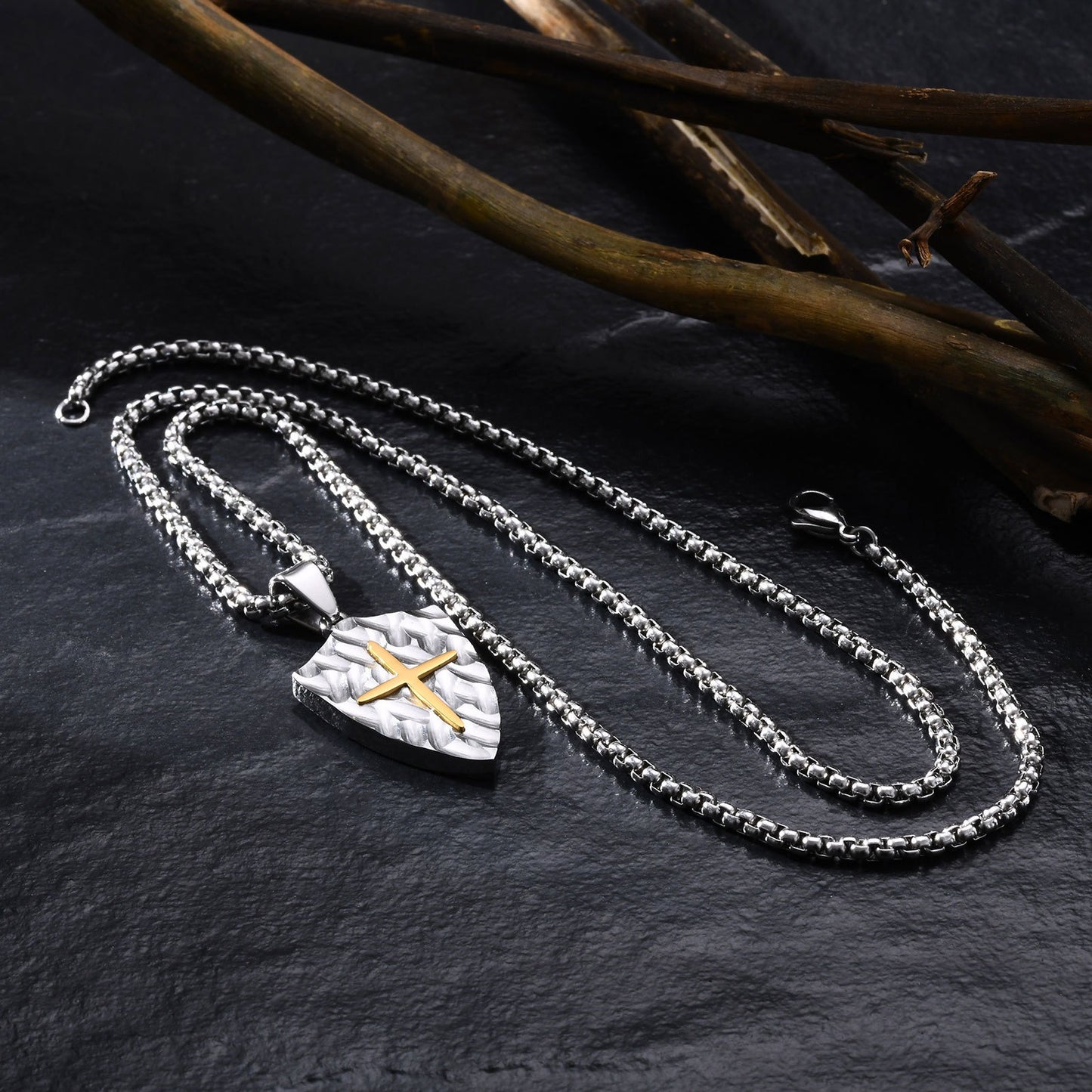 Kemstone Shield Cross Titanium Steel Pendant Necklace for Men – Brushed Relief Texture PN-2087