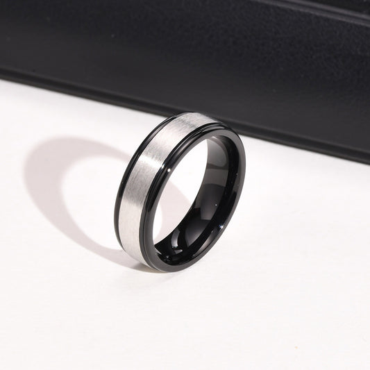 Kemstone Brushed Groove Stainless Steel Ring for Men – Black Inlay R-660