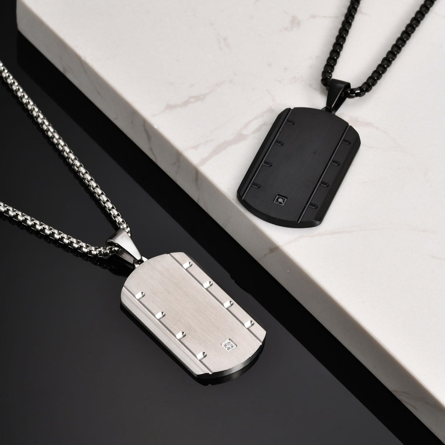 Stainless Steel Square Pendant Necklace for Men – Beveled Edge with Single Cubic Zirconia PN-2109