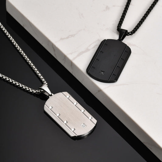 Stainless Steel Square Pendant Necklace for Men – Beveled Edge with Single Cubic Zirconia PN-2109