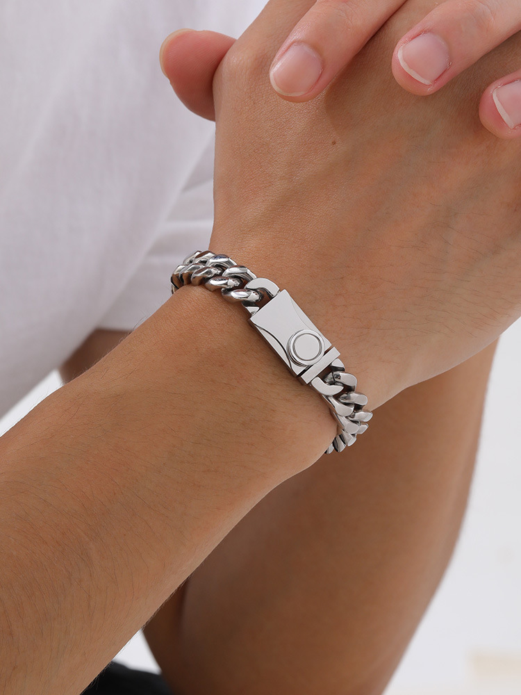 Kemstone Stainless Steel Cuban Link Bracelet for Men Button Clasp Silver BR-2141S