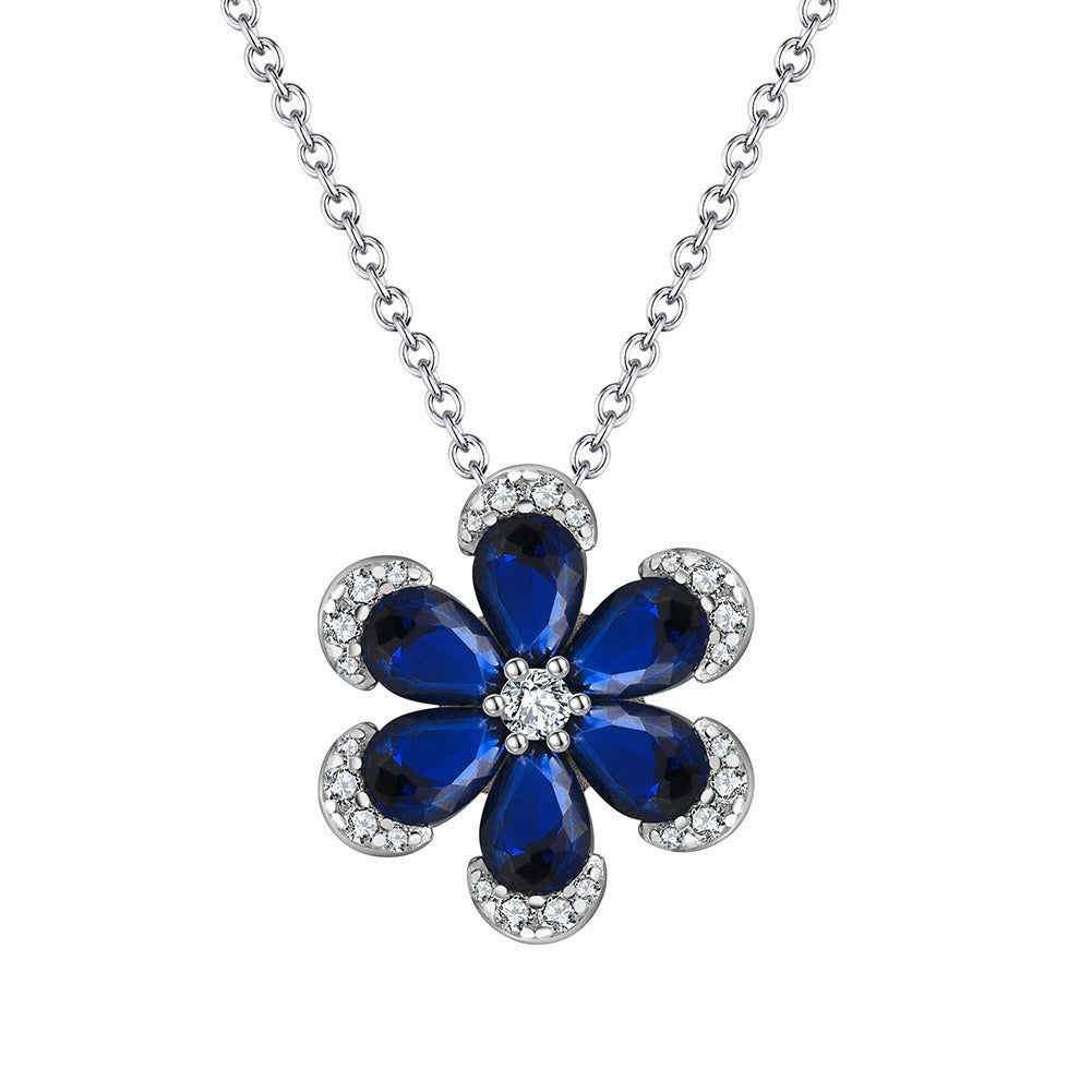 Kemstone Blue Flower Pendant Necklace for Women 925 Sterling Silver Cubic Zirconia Accent LZN17