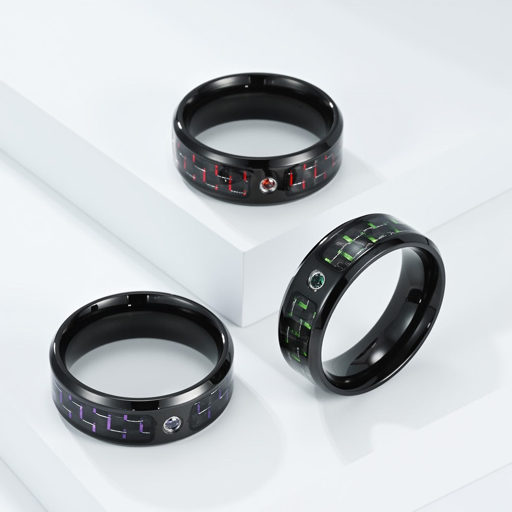 Kemstone Men’s Stainless Steel Cubic Zirconia Carbon-Fiber Ring – Black 8mm Modern K-R1098