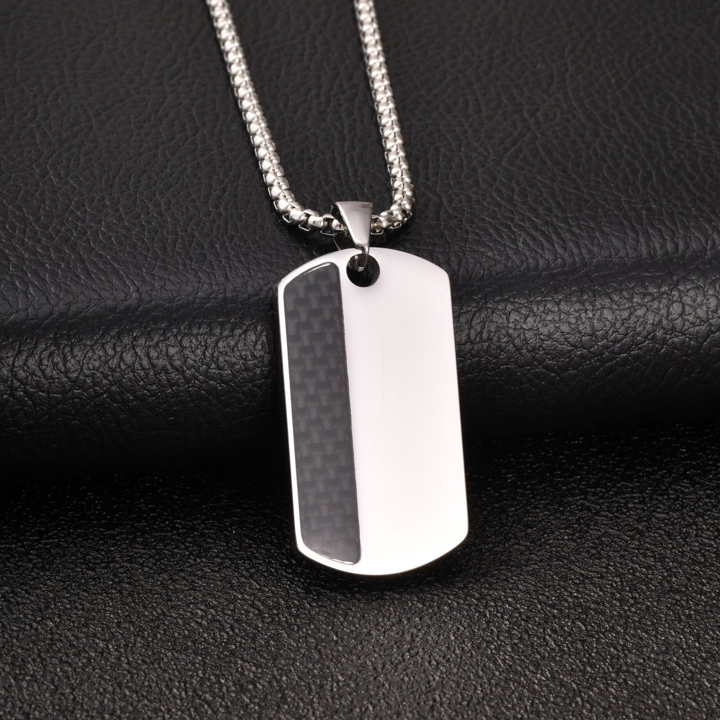 Kemstone Stainless Steel Carbon Fiber Tag Pendant Necklace for Men Silver PN-2160