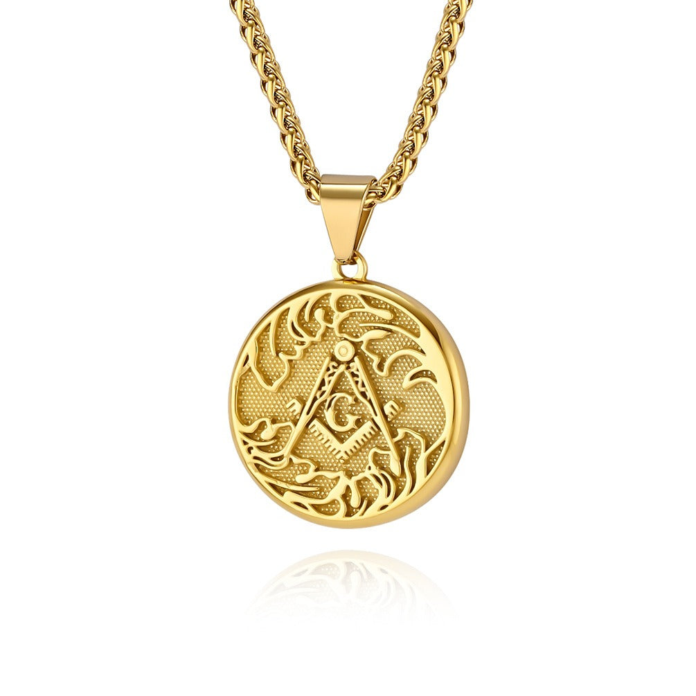 Kemstone Men’s Stainless Steel Necklace – Vintage Masonic-Style Round Pendant K-PT564