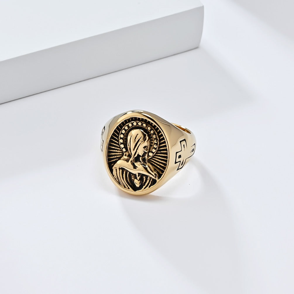 Kemstone Men’s Stainless Steel Vintage Saint Motif Cross Ring K-R941