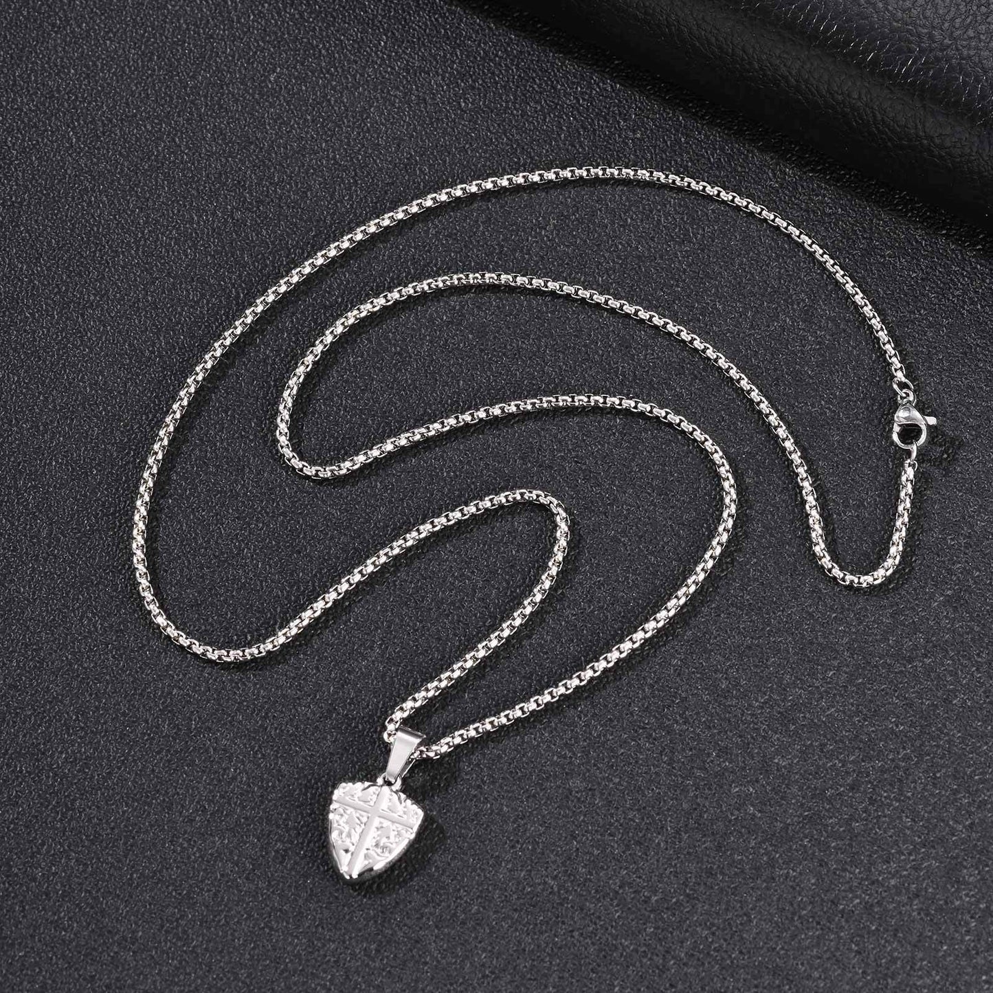 Kemston Stainless Steel Shield Cross Pendant Necklace for Men Carved Design PN-2425
