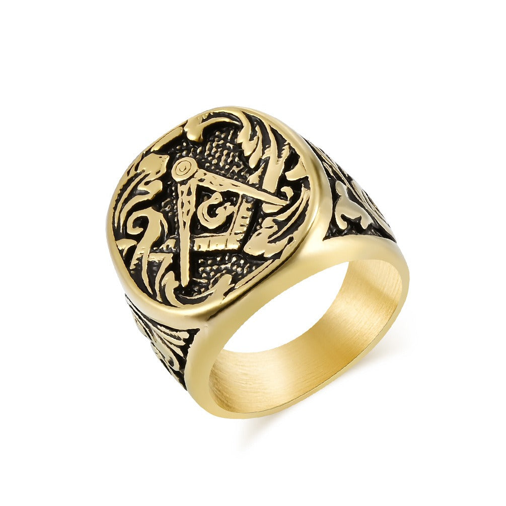 Kemstone Men’s Stainless Steel Ring – Vintage Masonic-Style Design K-R751