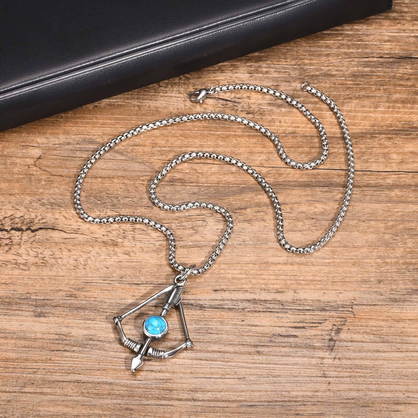 Kemstone Men’s Stainless Steel Necklace – Bow-and-Arrow Turquoise Pendant PN-2053