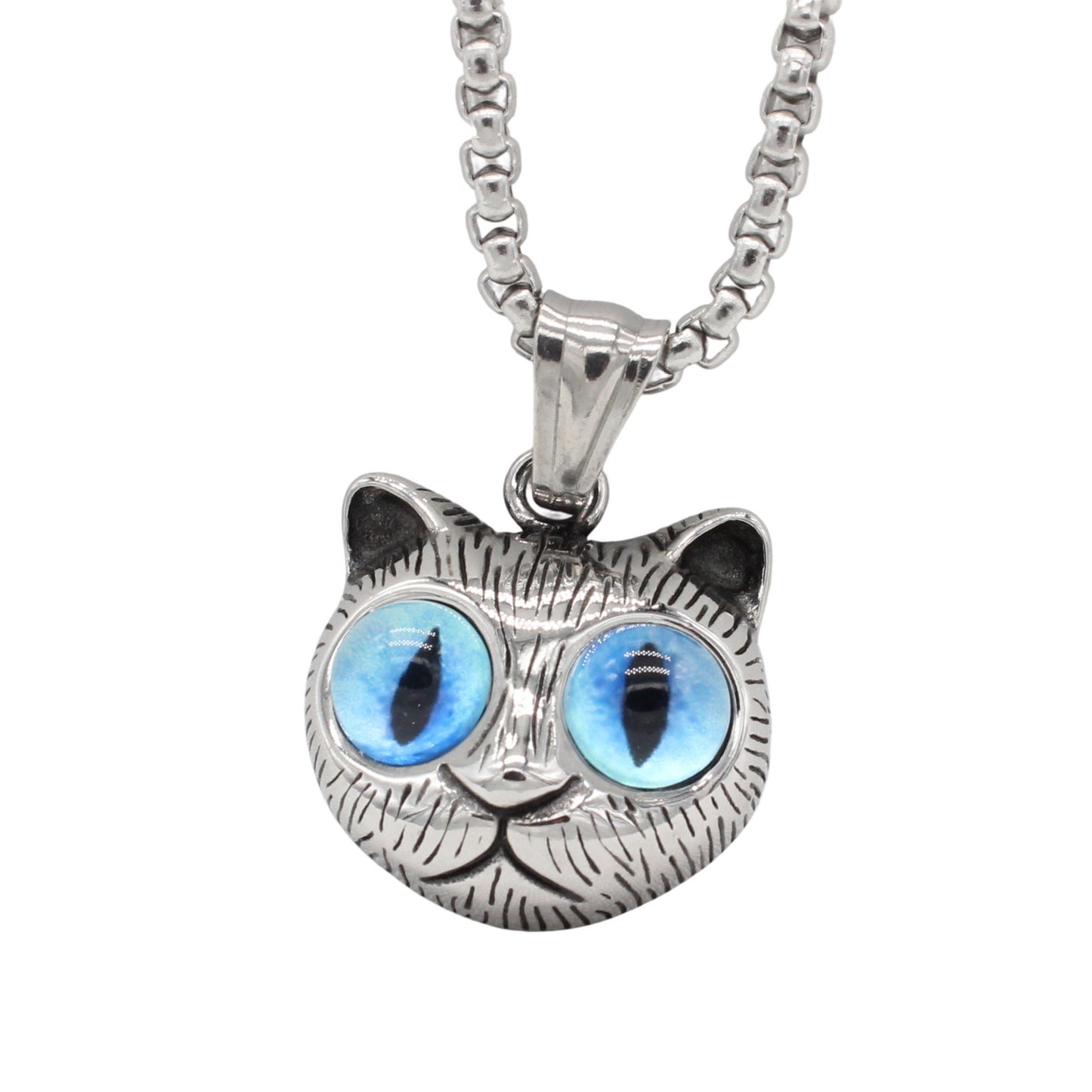 Kemston Blue Eyed Cat Pendant Necklace for Men Titanium Steel Vintage P1458