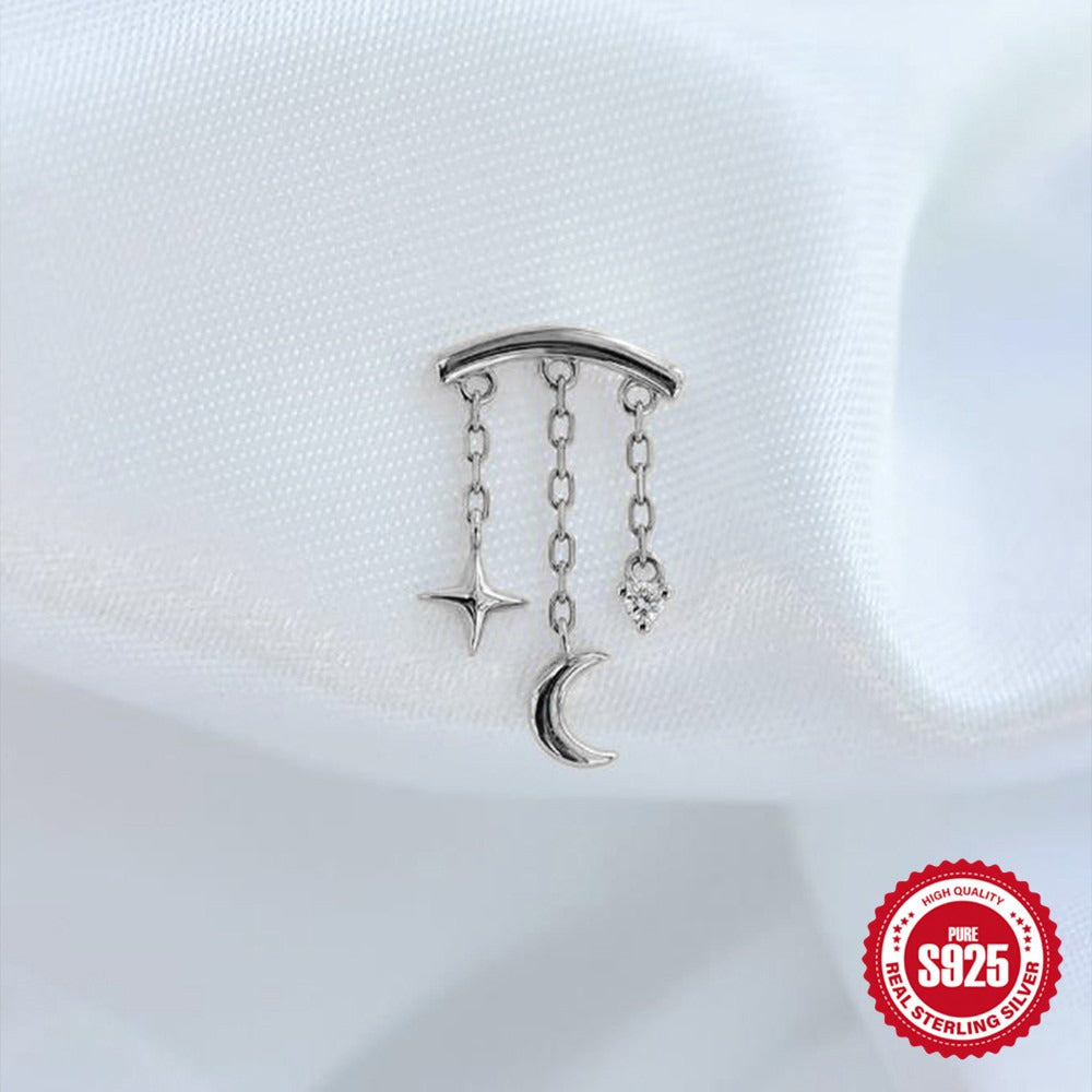 Kemstone 925 Sterling Silver Star Moon Tassel Cartilage Stud for Women Cubic Zirconia Flat Back Earring 60259399681