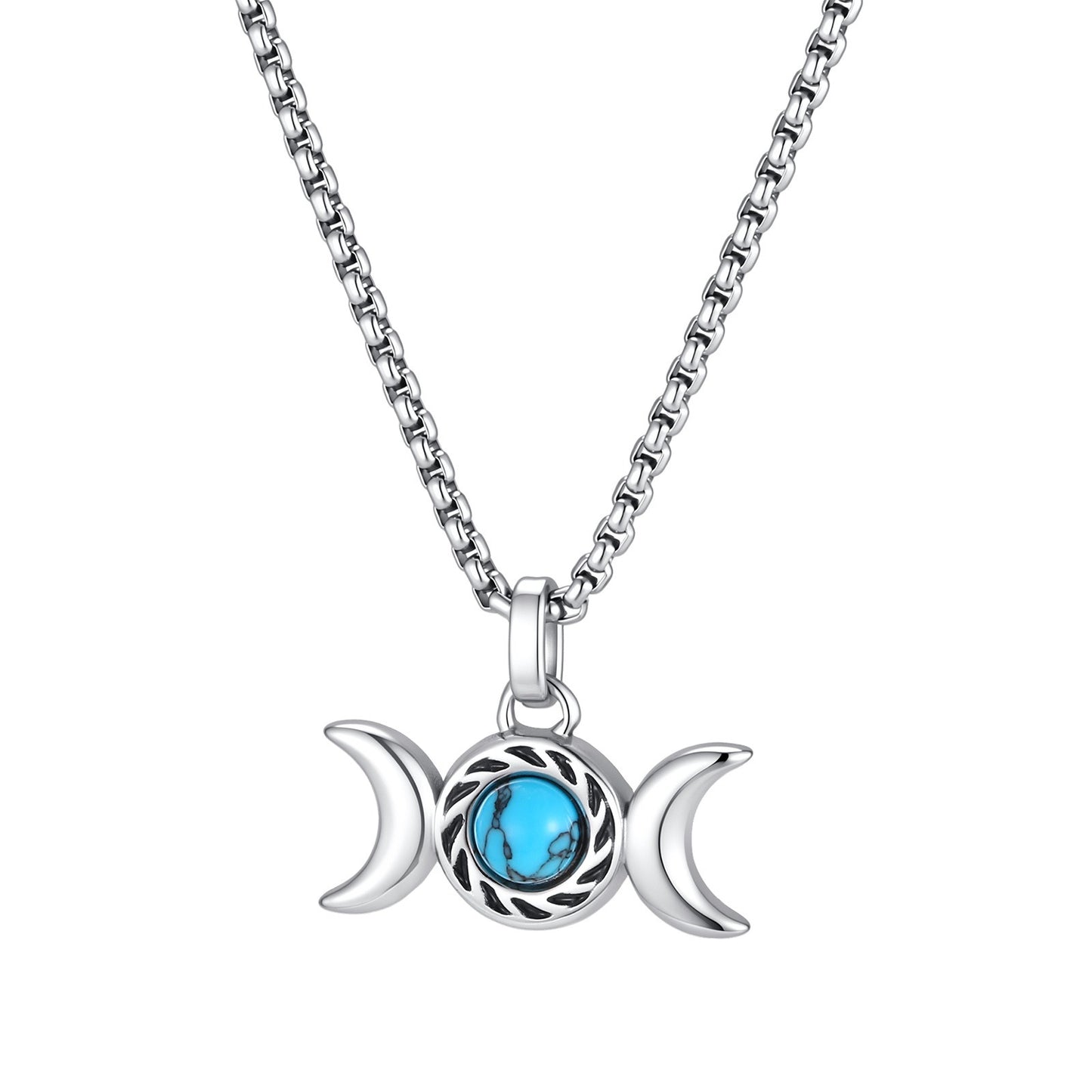 Kemston Stainless Steel Moon Pendant Necklace for Men Double Crescent Blue Stone Detail PN-2360